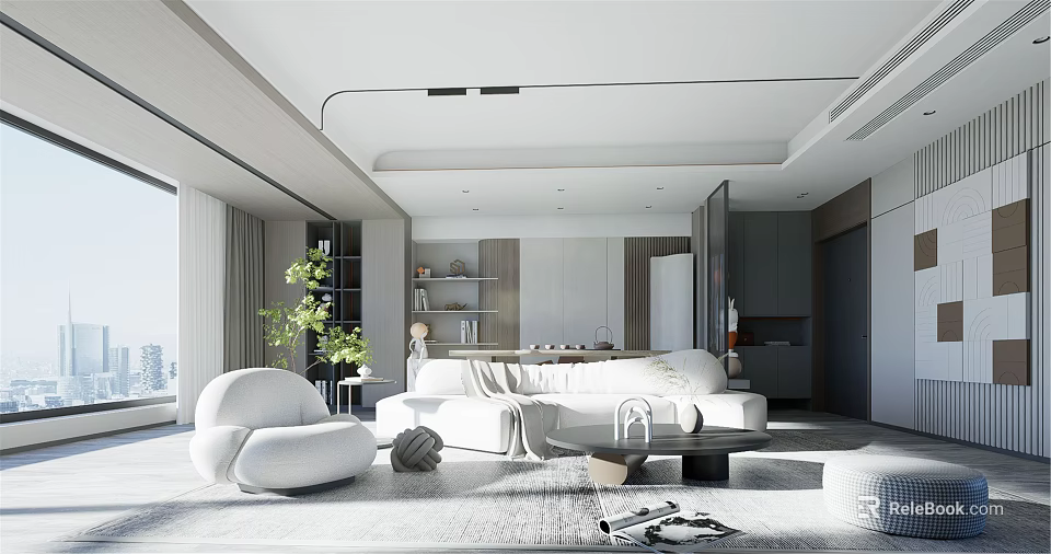 Modern Living Room Interior Design With White Sofa Round Armchair Green Plant And Natural Light 3d model 