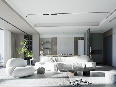Modern Living Room Interior Design With White Sofa Round Armchair Green Plant And Natural Light 3d model
