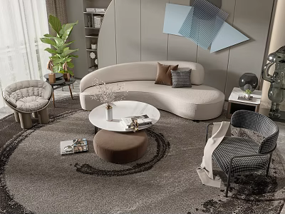 Modern Curved Sofa Coffee Table Combination With Round Marble Table Decorative Pillows And Area Rug 3d model