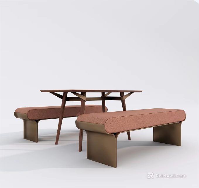 Simple Modern Wooden Dining Table Set With Upholstered Brown Benches 3d model