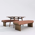 Simple Modern Wooden Dining Table Set With Upholstered Brown Benches 3d model