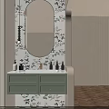 Stylish Other Bathroom Interior With Floral Wallpaper Green Vanity Round Mirror And Toiletries