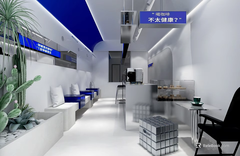 Modern Blue White Café Interior With Open Space Sofa Seating Green Plants And Dessert 3d model 