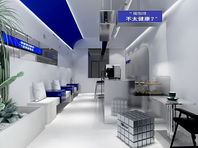 Modern Blue White Café Interior With Open Space Sofa Seating Green Plants And Dessert 3d model