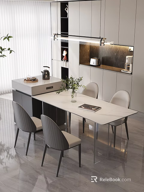 Modern Restaurant Interior With White Dining Table Gray Chairs Green Plants And Magazine 3d model 