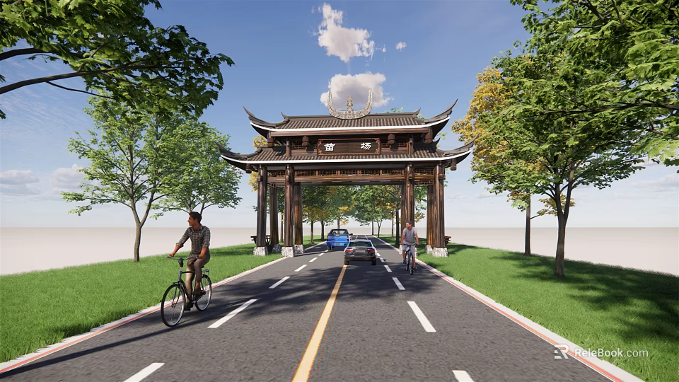 Traditional Chinese Archway Along Road With Cyclists And Green Trees 3d model 
