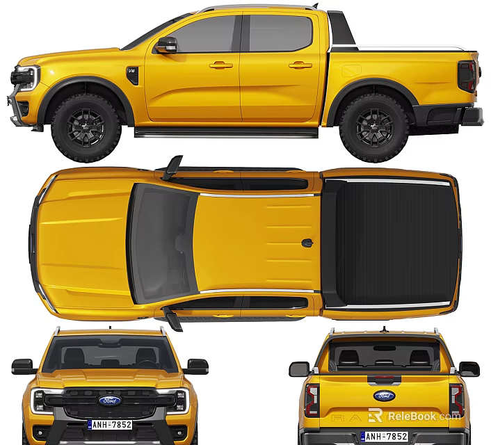 Yellow Ford Pickup Truck Shown From Multiple Angles 3d model