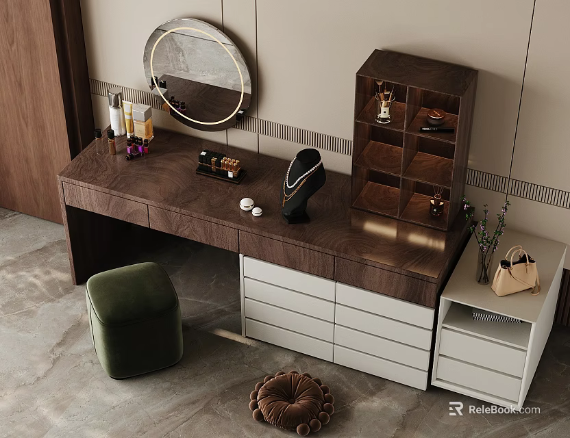 Modern Wooden Dressing Table With Round Mirror Drawers And Glass Door Cabinet 3d model 