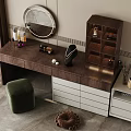 Modern Wooden Dressing Table With Round Mirror Drawers And Glass Door Cabinet