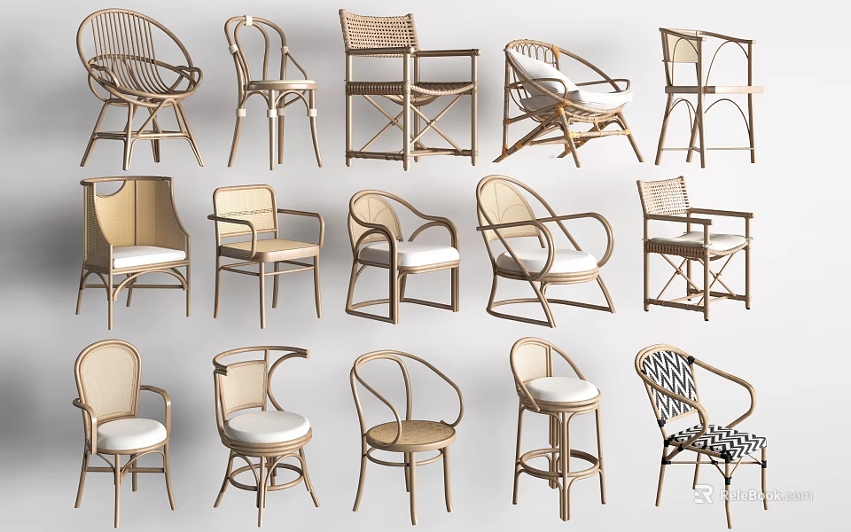 Various Stylish Leisure Chairs With Rattan Frames Wooden Accents And Upholstered Seats 3d model 