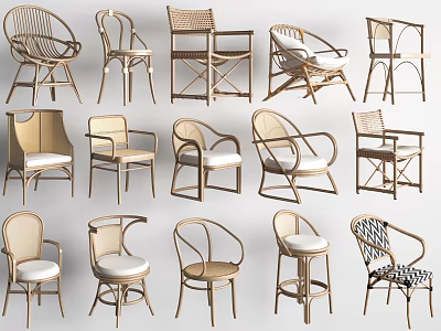 Various Stylish Leisure Chairs With Rattan Frames Wooden Accents And Upholstered Seats 3d model