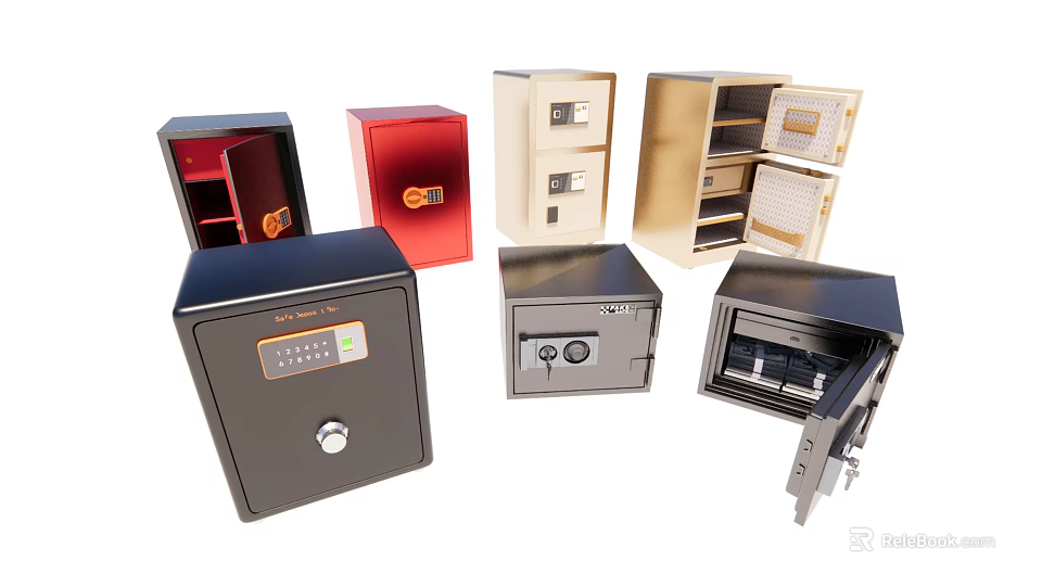 Various Security Safes In Different Colors With Digital Keypad And Combination Locks 3d model 