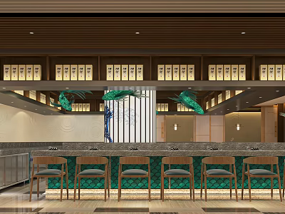 Modern Restaurant Interior With Bar Counter Pendant Lights Wooden Elements Green Decorations And Comfortable Seats 3d model