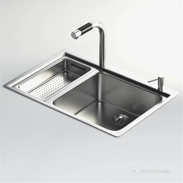 Stainless Steel Double Bowl Kitchen Sink With Drainer And Modern Faucet Design 3d model 