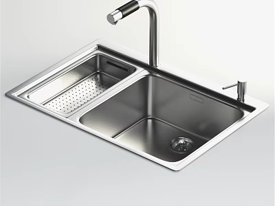 Stainless Steel Double Bowl Kitchen Sink With Drainer And Modern Faucet Design 3d model