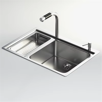 Stainless Steel Double Bowl Kitchen Sink With Drainer And Modern Faucet Design 3d model