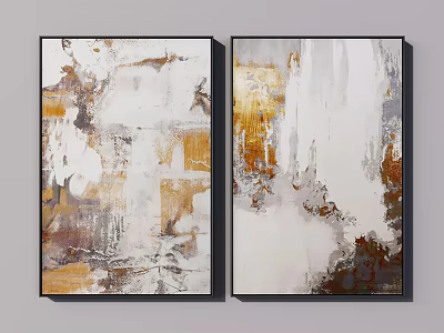 Modern Abstract Painting Two Panel With Gold White Brown Textured Brushstrokes For Interior Decor 3d model
