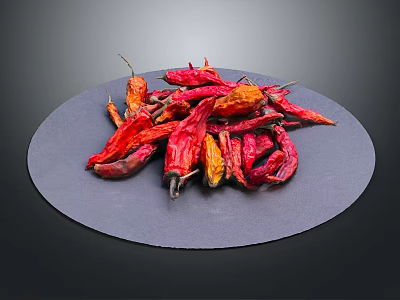Dried Chili Peppers Arranged On A Black Plate With Dark Background 3d model