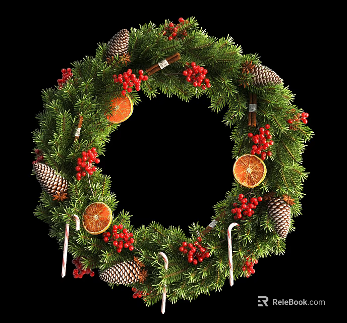 Christmas Wreath with Green Pine Branches Red Berries Pine Cones Orange Slices and Candy Canes 3d model 