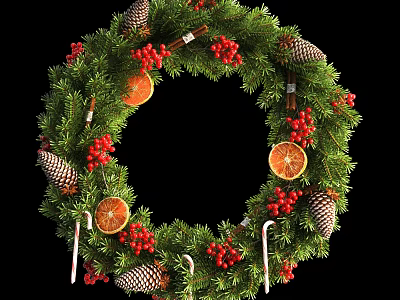 Christmas Wreath with Green Pine Branches Red Berries Pine Cones Orange Slices and Candy Canes 3d model