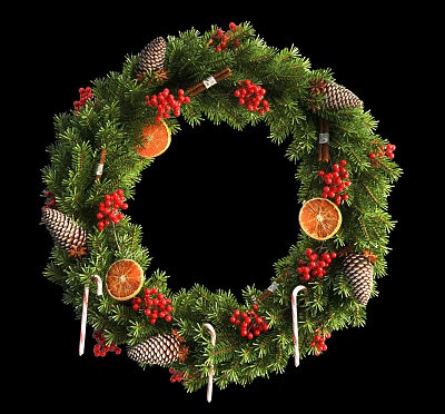 Christmas Wreath with Green Pine Branches Red Berries Pine Cones Orange Slices and Candy Canes 3d model