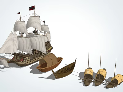 Various Types Of Wooden Boats Including Large Sailing Ship And Small Craft With Sails 3d model
