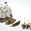 Various Types Of Wooden Boats Including Large Sailing Ship And Small Craft With Sails