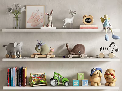 Colorful Decorative Ornament Combination on Shelves with Animal Figurines Toys and Books 3d model
