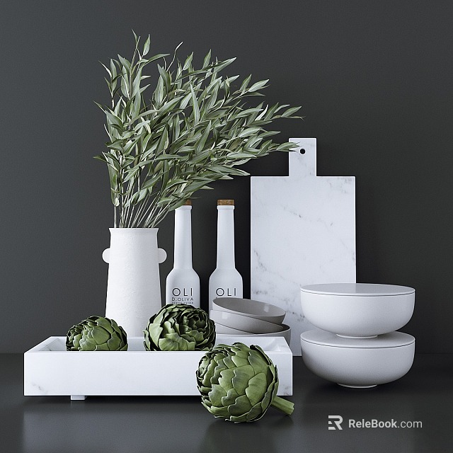 Decorative Ornament Combination With Olive Branches White Vase Artichokes And Marble Cutting Board 3d model 