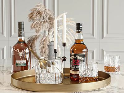 Wine Bottles and Glasses on Gold Tray with Ice Bucket Feather Decor and White Candles 3d model