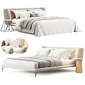 Modern Double Bed With Light Colored Headboard Wooden Nightstands And Striped Bedding Soft Pillows