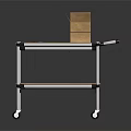 Mobile Wheeled Shelf Cart with Metal Frame and Wooden Shelves Holding Cardboard Box and Tablet