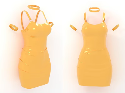 Elegant Yellow Spaghetti Strap Bodycon Dress With Gold Bracelet Accessories 3d model