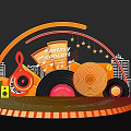 Birthday Concert Stage Design With Vinyl Records Music Notes Speakers and City Skyline