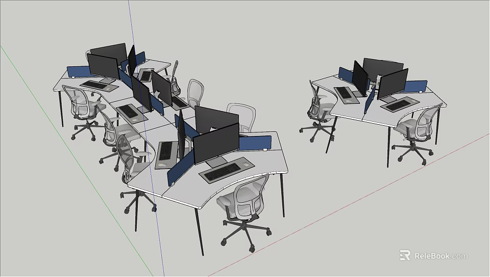 Modern Office Desks With Multiple Computer Monitors And Ergonomic Chairs 3d model 