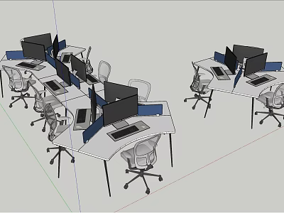 Modern Office Desks With Multiple Computer Monitors And Ergonomic Chairs 3d model