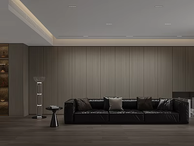 Modern Living Dining Room Interior With Dark Leather Sofa And Wooden Wall Panels 3d model
