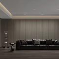 Modern Living Dining Room Interior With Dark Leather Sofa And Wooden Wall Panels