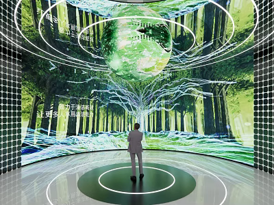 Immersive Digital Exhibition Hall with Curved Screen Forest Scenery and Circular Platform 3d model