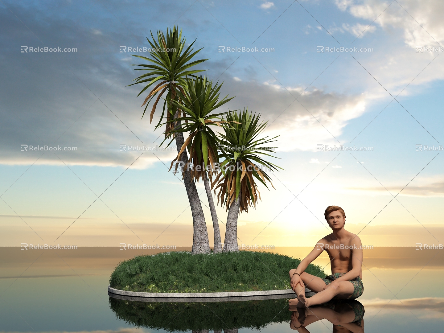 Palm Yucca Landscape Trees Short Trees Trees Shrubs Landscape Flowers and Plants Green Plants Man Figure Sitting Posture Outdoor Grass HDR 3d model