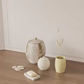 Minimalist Decorative Ornament Set With Pottery Jar Yellow Vase Dried Reeds Pebbles And White Block