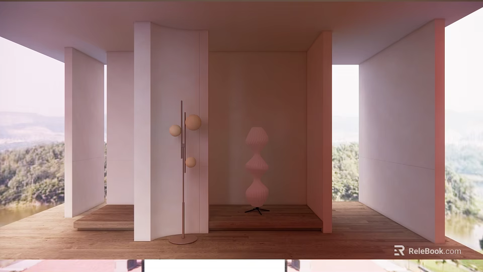 Pink Multi Layered Cone Chandelier in Room with White Columns Wooden Floor and Window Trees 3d model 