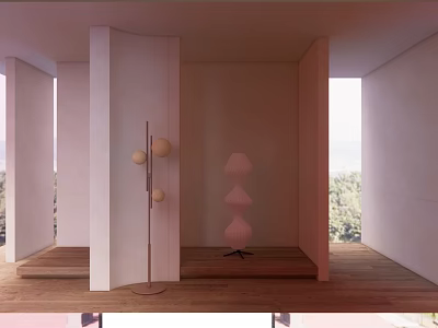 Pink Multi Layered Cone Chandelier in Room with White Columns Wooden Floor and Window Trees 3d model