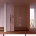 Pink Multi Layered Cone Chandelier in Room with White Columns Wooden Floor and Window Trees