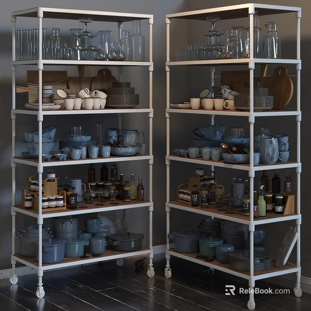 Organized Display Shelves With Glassware Ceramic Bowls And Bottles For Retail Exhibition 3d model 