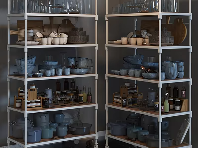 Organized Display Shelves With Glassware Ceramic Bowls And Bottles For Retail Exhibition 3d model