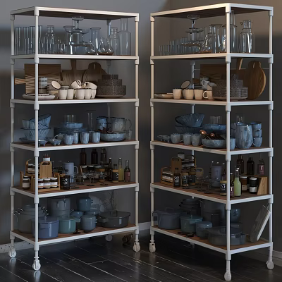 Organized Display Shelves With Glassware Ceramic Bowls And Bottles For Retail Exhibition 3d model