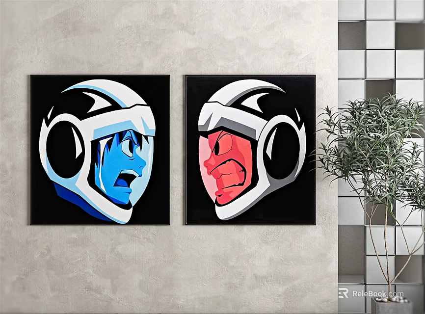 Wall Art With Two Helmeted Characters Blue Red Faces On Gray Wall And Plant 3d model 