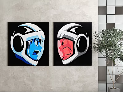 Wall Art With Two Helmeted Characters Blue Red Faces On Gray Wall And Plant 3d model