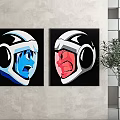 Wall Art With Two Helmeted Characters Blue Red Faces On Gray Wall And Plant